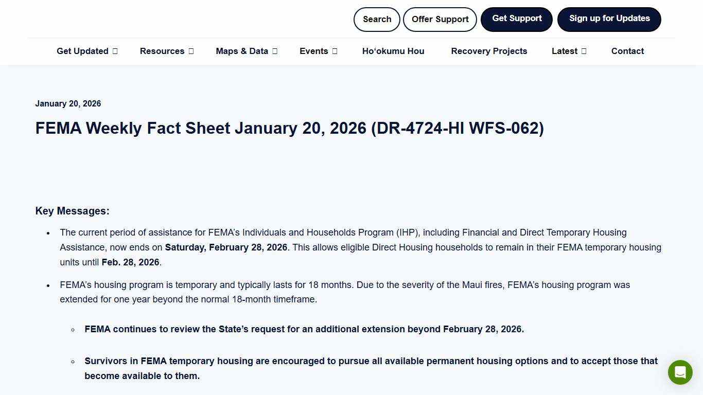 News: FEMA Weekly Fact Sheet January 20, 2026 (DR-4724-HI WFS-062)